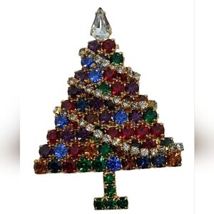 Vintage Christmas Tree Brooch Pin, Multi-Color Rhinestone Jewels, Gold Tone